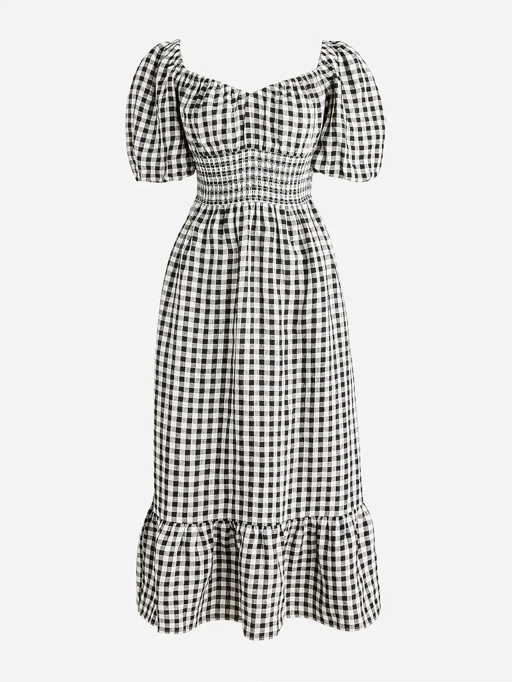 J.Crew Gingham Linen Smocked Puff Sleeve Midi Dress Black White XL